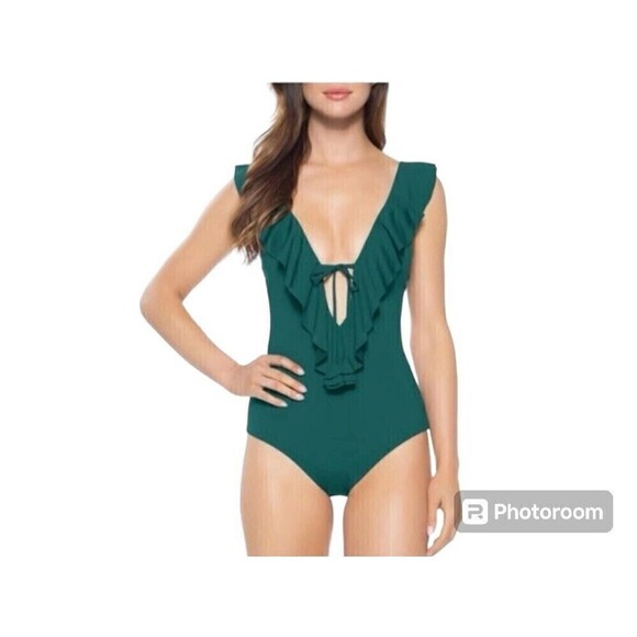 Becca Virtue L Green Blue Teal One Piece Swim Bathing Ruffle Socialite Plunge‎ - Picture 1 of 7